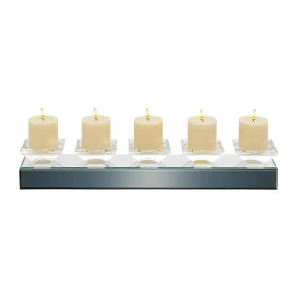 Litton Lane 10 in. H Silver Glass Pillar Candle Holder with Mirrored Sides