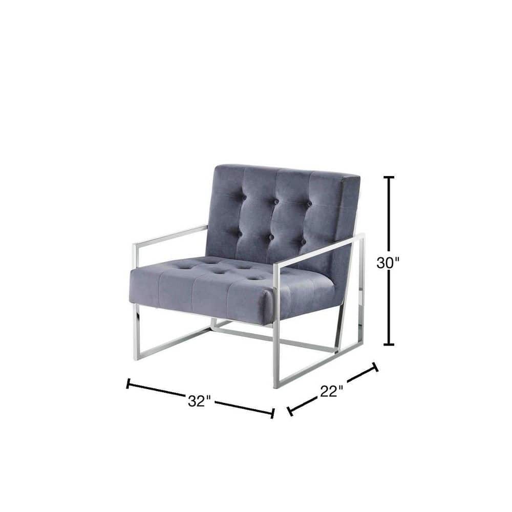 Royal Flare 31.5" Gray Velvet & Silver Stainless Steel Accent Chair