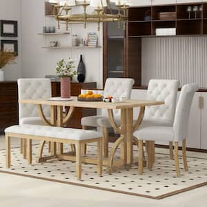 Retro Style 6-Piece Natural Wood Wash Wood Rectangle Dining Table Set with 4 Upholstered Chairs and Bench
