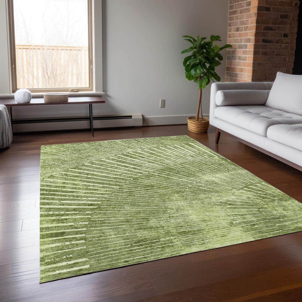Sage Green Geometric Synthetic 8' x 10' Washable Rug