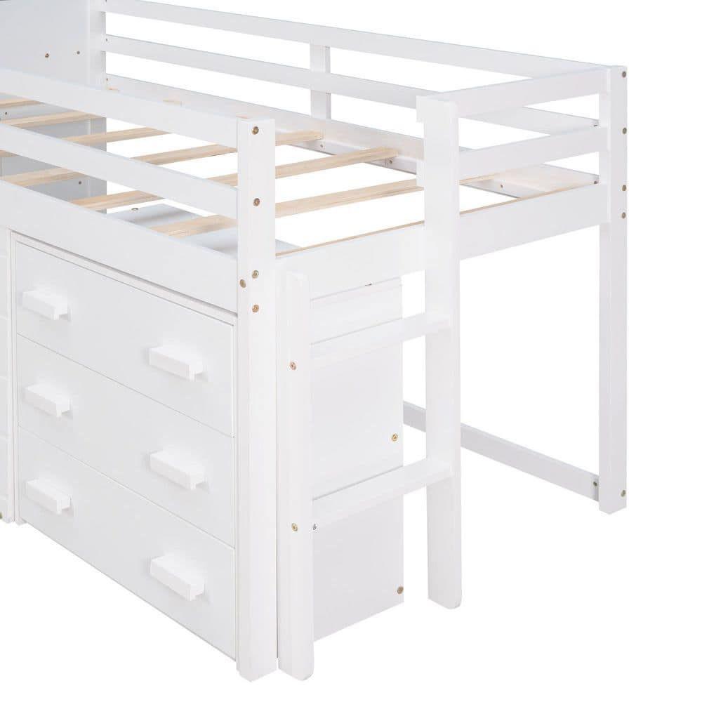 White Twin Size Pine Loft Bed with Storage Drawers