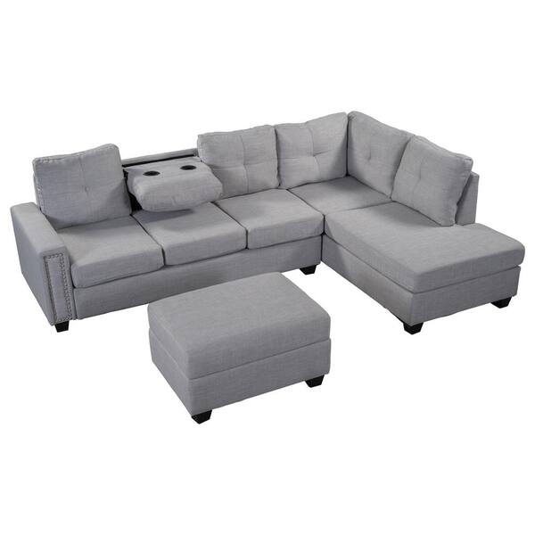 GODEER 109 in. W 4-Piece Polyester Sectional 3-Seaters Sofa with Reversible  Chaise, Storage Ottoman, 2-Small Pillows in Gray W487S00040LXL - The Home  Depot