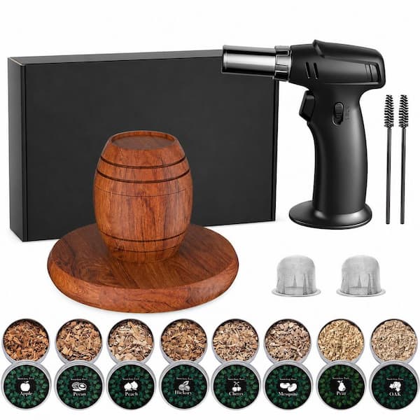 Whiskey Smoker Kit with Torch, Brown Wood, Stainless Steel, Cocktail Smoker Infuser for Old Fashioned Drinks