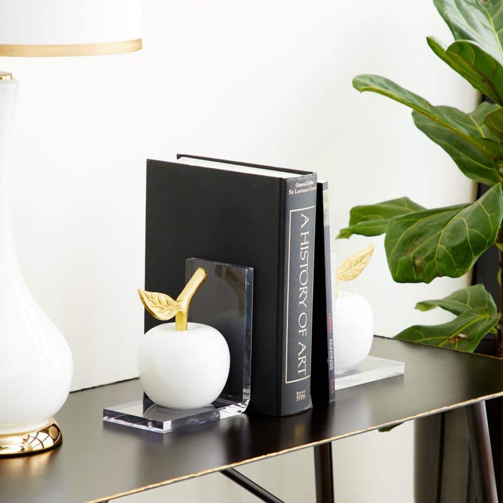 Modern White and Gold Apple Resin Bookends