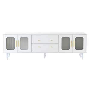 Retro Design White TV Stand with Fluted Glass Doors and 2-Drawers for FitsTVs Up to 78 in.
