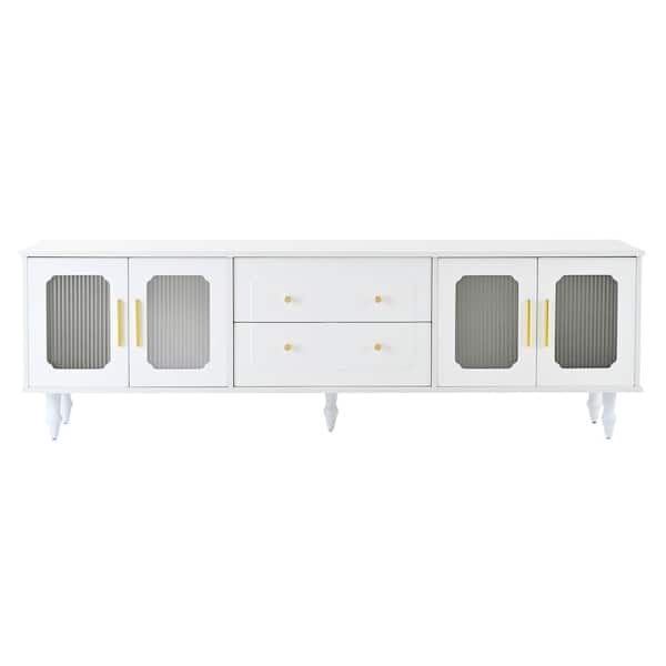 Clihome Retro Design White TV Stand with Fluted Glass Doors and 2-Drawers for FitsTVs Up to 78 in.