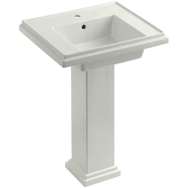 KOHLER Tresham Ceramic Pedestal Combo Bathroom Sink with Single-Hole Faucet Drilling in Dune with Overflow Drain