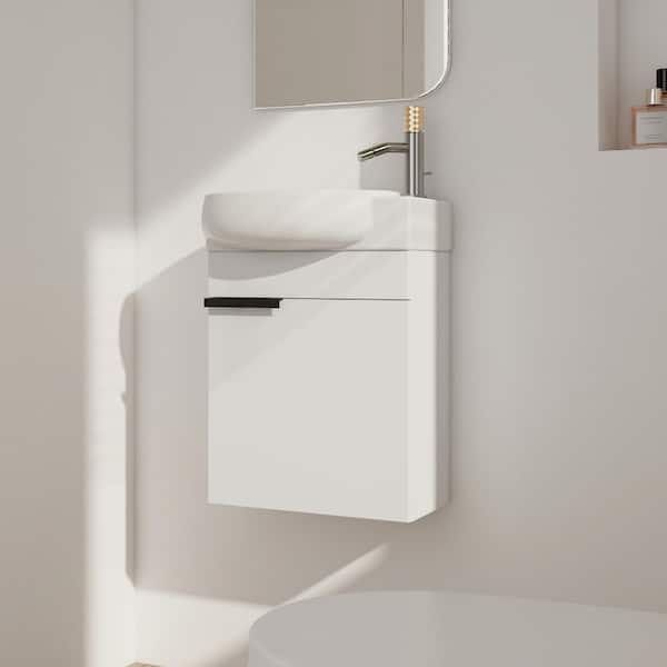 FAMYYT 16 in. W x 11.6 in. D x 21.3 in. H Single Sink Floating Bath Vanity in White with White Ceramic Top For Small Bathroom