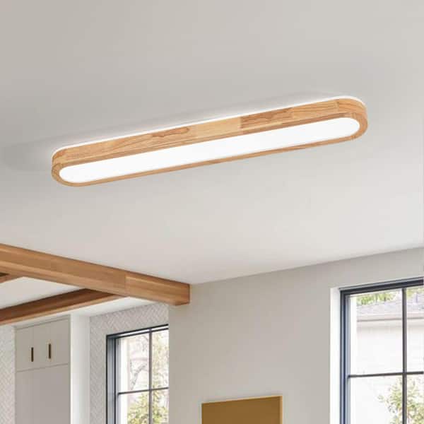 HUOKU Lumin 37.4 in. W 40-Watt Wood Integrated LED Flush Mount Long Rectangular Ceiling Light Main Lighting for Living Room