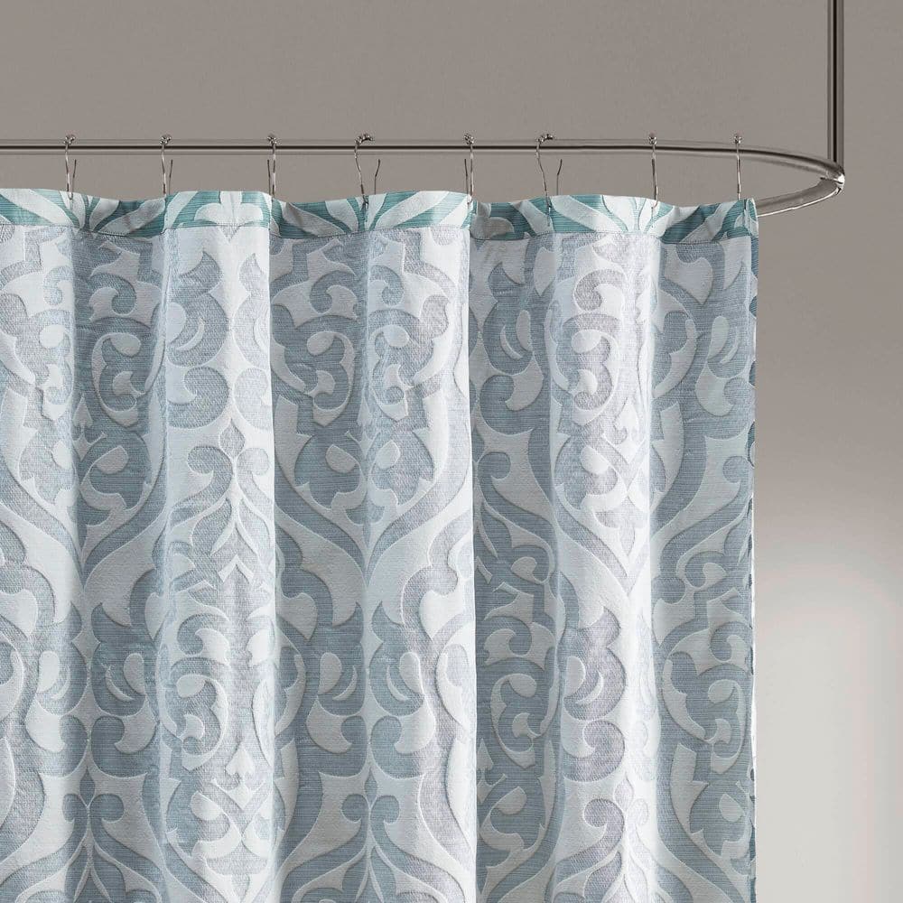 Aqua and Silver Damask Jacquard Fabric Shower Curtain