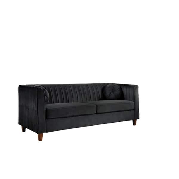 US Pride Furniture Lowery 79.5 in. W Square Arm Velvet 3-Seats Tuxedo Straight Sofa with Square Arms in Black