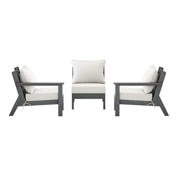 Birchwood Gray Arrangeable 3-Piece HDPE Deep Seating Outdoor Patio Conversation Sofa Arm Chair Set w/ White Cushions