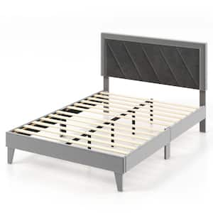 Full Size Bed Frame Upholstered Platform Velvet Headboard Wooden Slats Gray