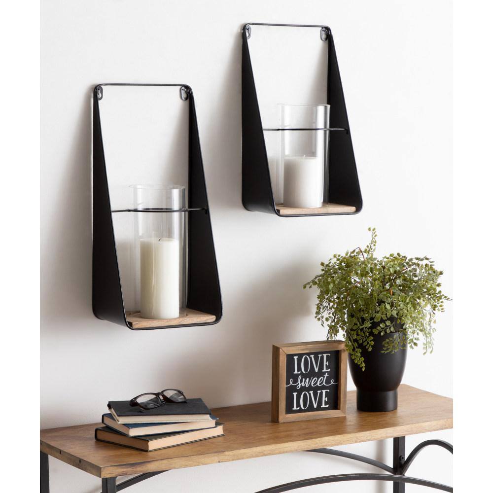 Black and Natural Wood Wall Sconce Set with Glass Chimney