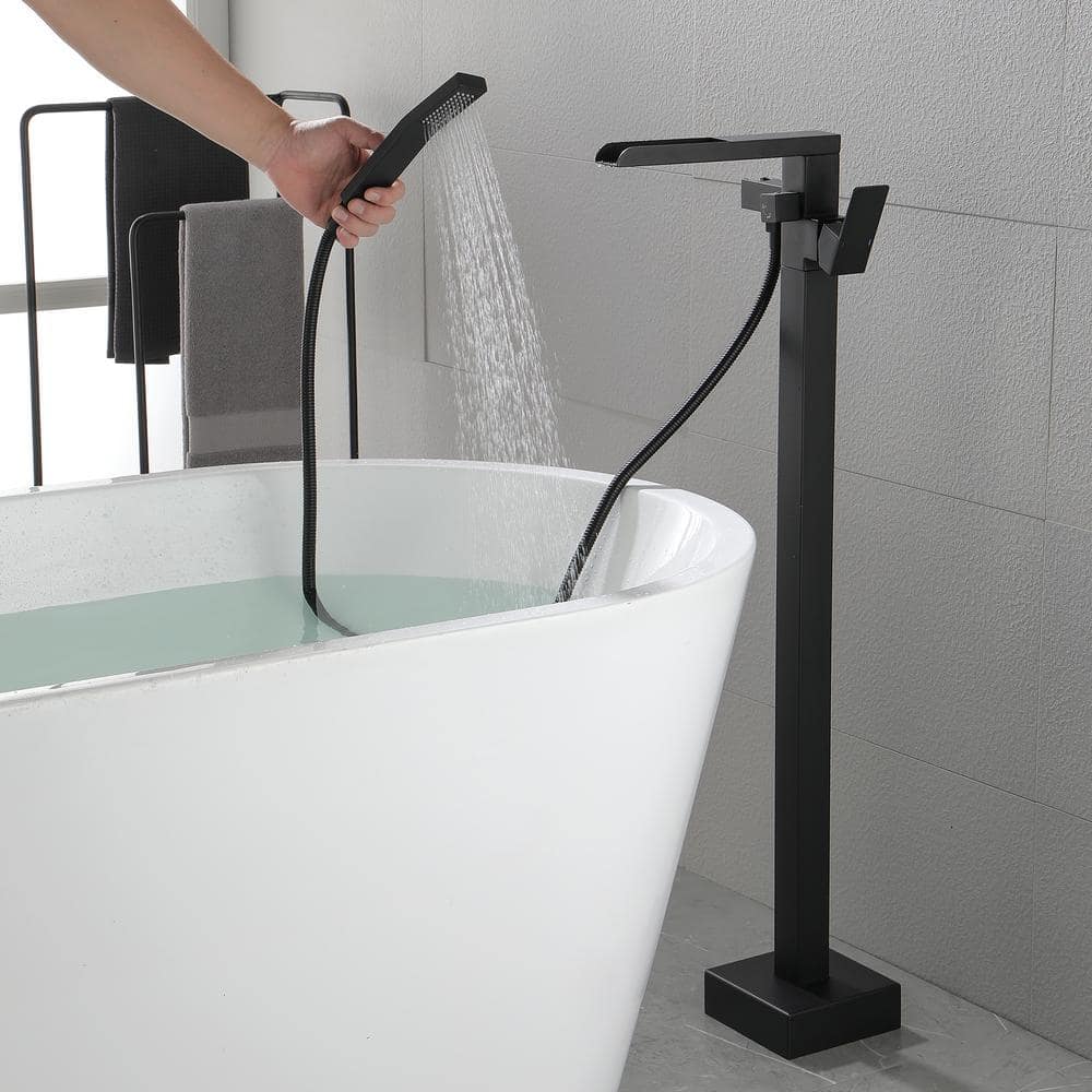 Matte Black Freestanding Floor Mount Tub Faucet with Hand Shower
