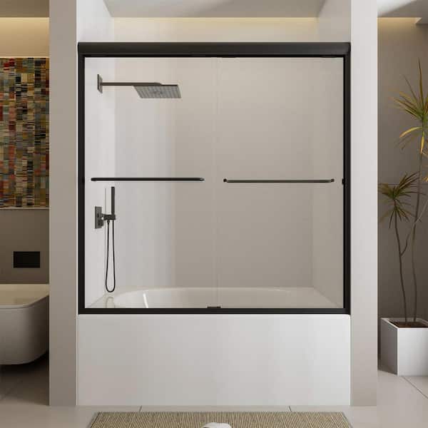 Ridge 56 in. W x 60 in. H Sliding Semi-Frameless Tub Door in Matte Black Finish with Clear Glass