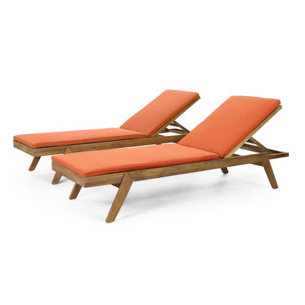 Noble House Bexley 2-Piece Wood Outdoor Chaise Lounge with Orange Cushions