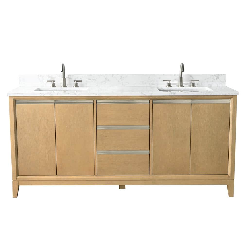 72" Natural Oak Double Sink Bathroom Vanity with Marble Top