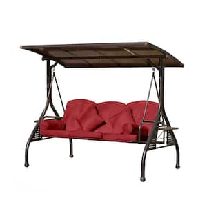 3-Person Metal Patio Swing Bench with Wine Red Cushion and Adjustable Canopy for Outdoor Garden Patio Porch and Poolside