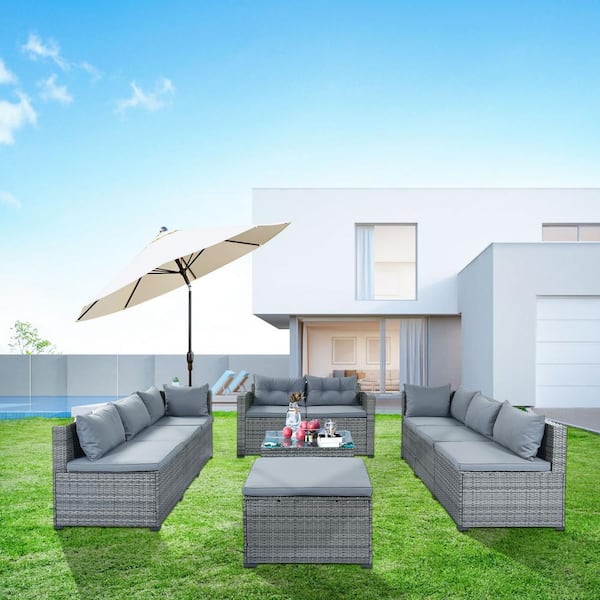 Tunearary 9-Piece Gray Patio Wicker Outdoor Conversation Sectional Sofa Set with Gray Cushion