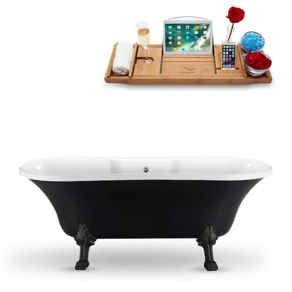 Streamline 68 in. Acrylic Clawfoot Non-Whirlpool Bathtub in Glossy Black With Matte Black Clawfeet And Polished Chrome Drain
