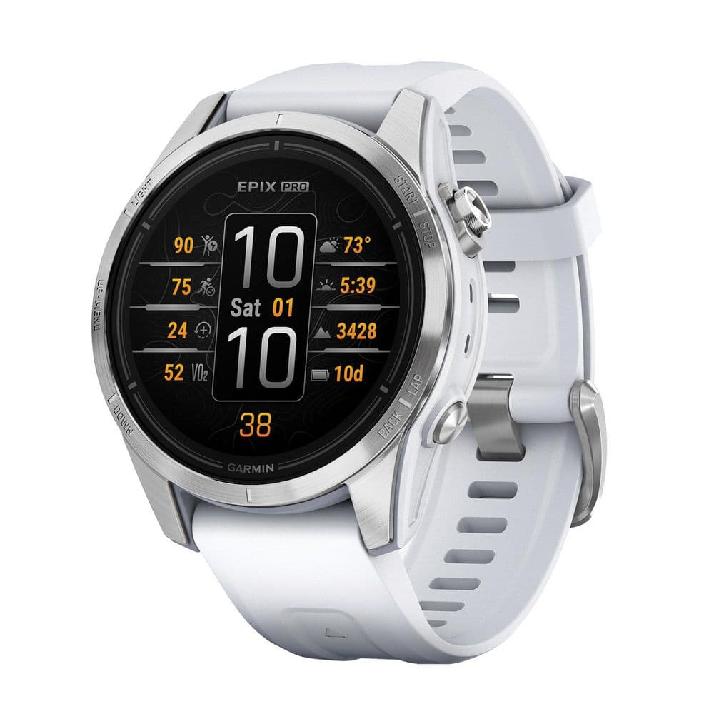 epix Pro (Gen 2) Standard Edition Smarwatch with 42-mm Case, Silver Bezel with Whitestone Band 1.65 x. 56