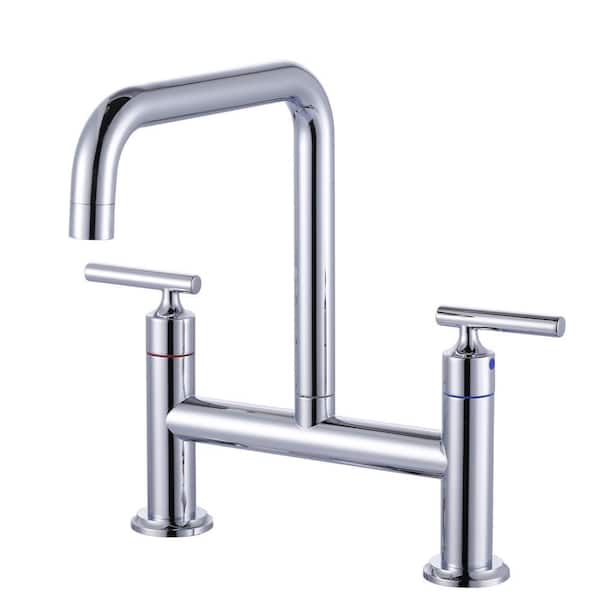 Double Handle 2-Hole Solid Brass Bridge Kitchen Faucet with 360° Rotation Spout in Polished Chrome