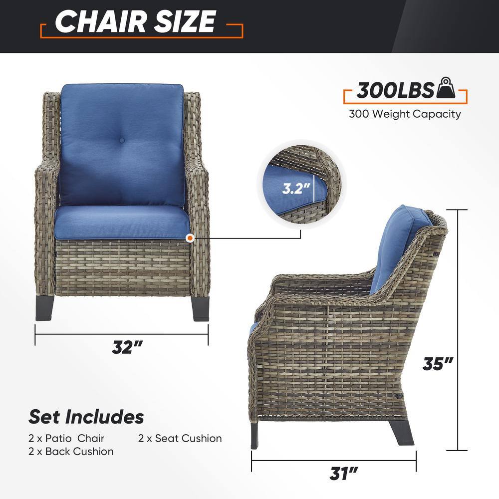 Gray Steel Wicker Lounge Chairs with Blue Cushions (2-Pack)