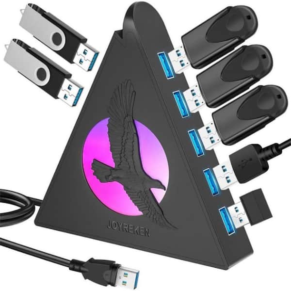phyfalip 7-Ports USB Hub 3.0 Splitter with 2 ft. Extended Cable in Black Eagle