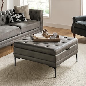 Jeremias Gray Transitional Lift Top Shelved Storage Button-Tufted Cocktail Ottoman with Metal Leg