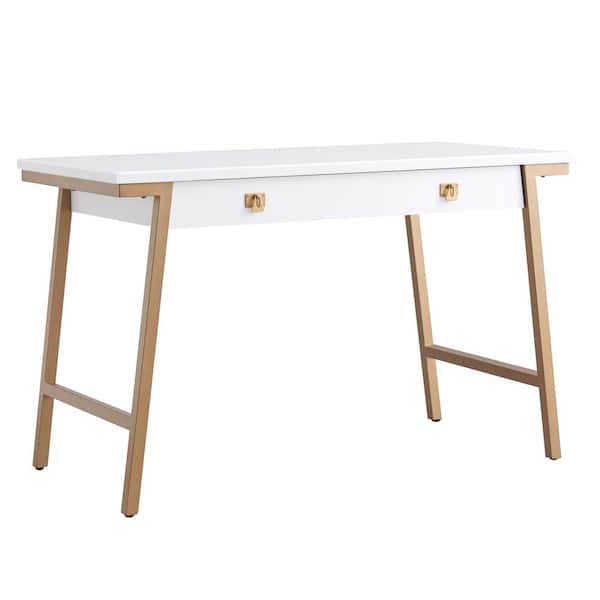 Leick Home Empiria 48 in. W Wood White and Gold Mixed Metal Computer Desk with Drop Front Keyboard