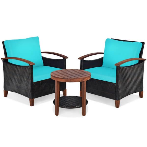 Clihome 3-Piece Wicker Patio Conversation Set Sofa Set with CushionGuard Turquoise Washable Cushions and Acacia Wood Tabletop