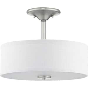 Inspire Collection 13" Two-Light Brushed Nickel Semi-Flush Summer Linen Drum Shade