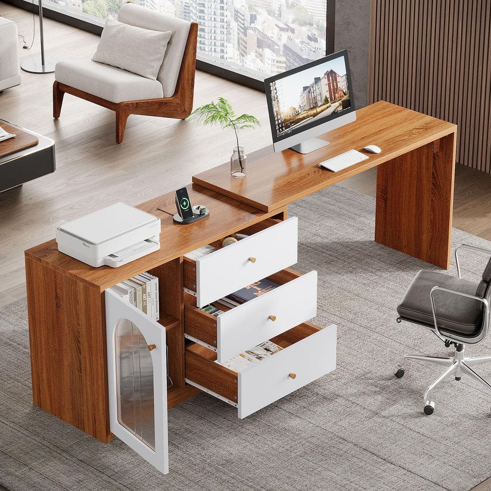 82.67 in. L Shaped Walnut and Beige Engineered Wood 3-Drawer Computer Desk with Reversible Storage Cabinet
