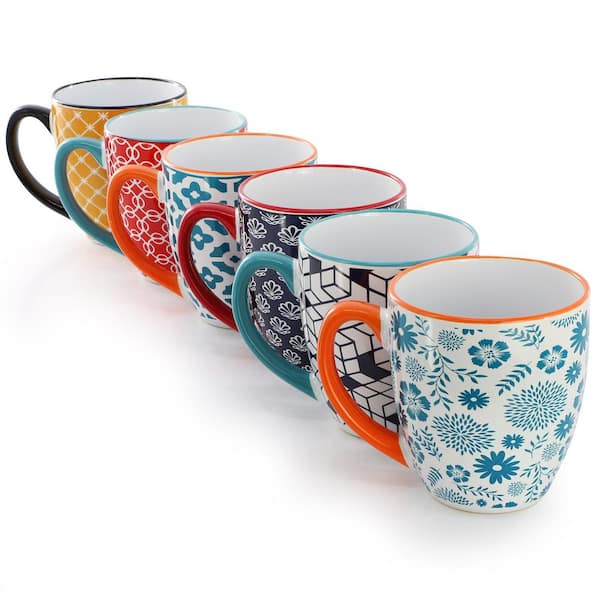Elama Rory 6-Piece 16 Ounce Assorted Design Stoneware Mug Set in Assorted Colors