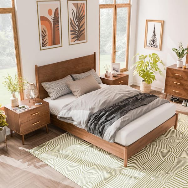 Furniture of America Riverstone 3-Piece Mid Century Modern Walnut Wood Queen Bedroom Set With 2-Nightstands