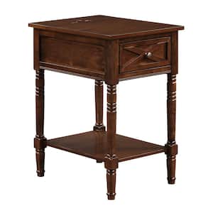 Country Oxford 16 in. Espresso Tall Rectangle Wood End Table with 1 Drawer, Charging Station and Shelf