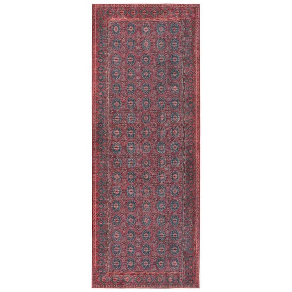 Machine Washable Kalinar Dark Red 3 ft. x 8 ft. Damask Area Rug