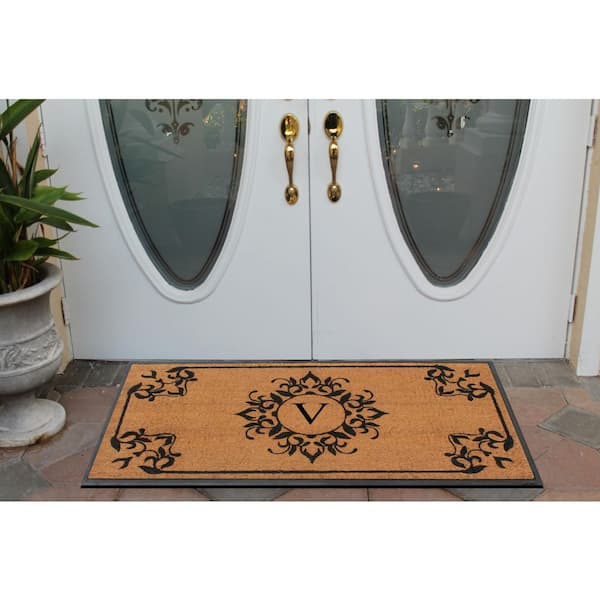 A1 Home Collections A1hc Beige 18 in. x 30 in. Natural Coir Heavy Duty PVC Backing Outdoor Monogrammed V Door Mat