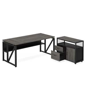 Lanita 62.9 in. L Shaped Desk Gray and Black Engineered Wood 2-Drawer Computer Desk with File Cabinet