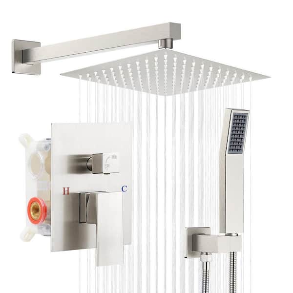 AKLFGN 1-Spray Square 10 in. Shower Head Brass Wall Bar Shower Kit with ...