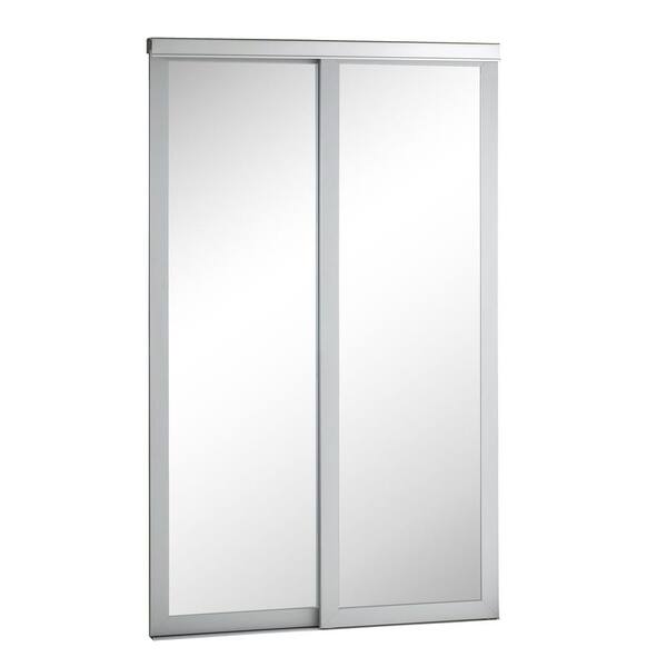 Pinecroft 48 in. x 80 in. Mirror Urban Silver Frame Aluminum Sliding Door
