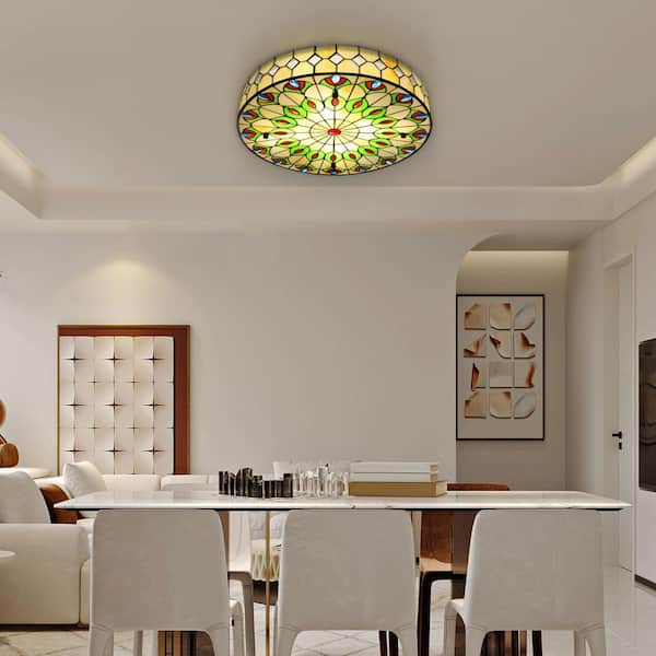 OUKANING 20 in. 4-Light Colorful Vintage Tiffany Flush Mount