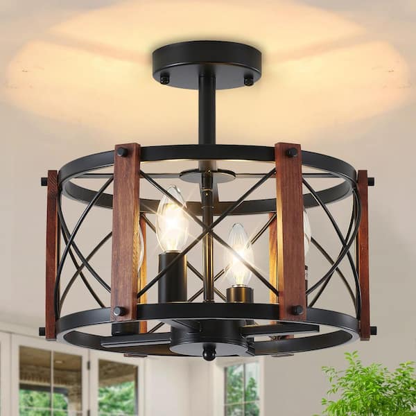 ZSMIHDOH 12.6 in. 4-Light Drum Semi-Flush Mount Ceiling Light Fixture Industrial Farmhouse Style for Kitchen Island