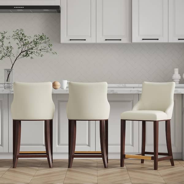 Shubert 25.98 in. Ivory Beech Wood Counter Stool with Faux Leather Upholstered Seat (Set of 3)