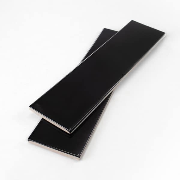 City 3 in. x 6 in. Black Gloss Ceramic Subway Tile Sample