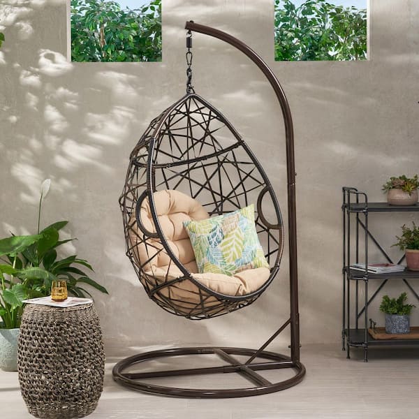 Brown Wicker Round Shaped Patio Swing Outdoor Patio Egg Lounge Chair Swing  2 Person with Beige Cushion XBHJ-TL-1 - The Home Depot