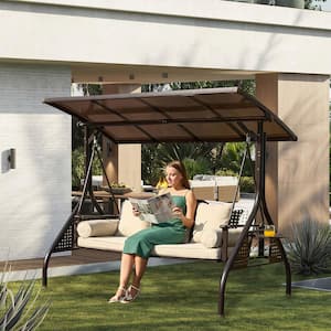 3-Person Metal Patio Swing with Beige Cushions and Adjustable Canopy