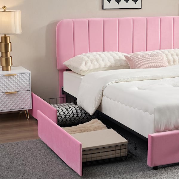 VECELO Upholstered Bed Pink Metal Frame Queen Size Platform
