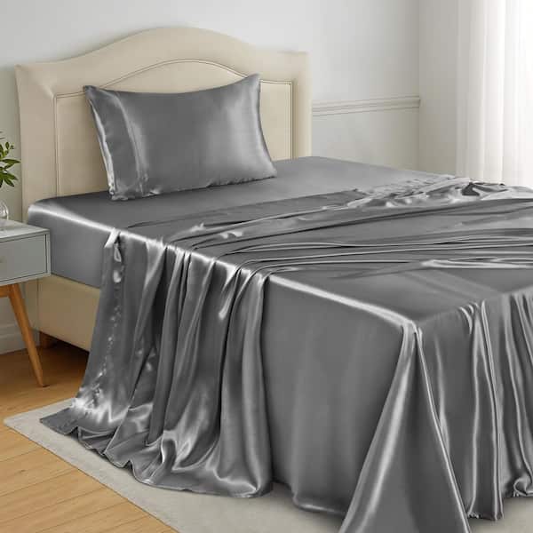 Lux Decor Collection Queen Dark Gray Satin Sheet Set-4 Piece, Deep Pocket, Easy Care
